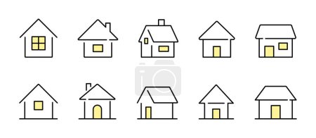 Téléchargez les illustrations : Maison simple avec fenêtres et portes, maison, dessin ligne vectoriel icône de ligne mis en noir et blanc - en licence libre de droit