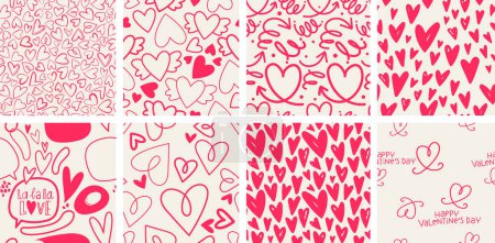 Photo for Set of 8 elegant seamless patterns with hand drawn decorative hearts, design elements. Romantic patterns for wedding invitations, greeting cards, scrapbooking, print, gift wrap. Valentines day - Royalty Free Image