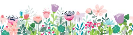 Photo for Cute horizontal banner with colourful hand drawn blooming flowers. Vibrant colors horizontal Floral Seamless Pattern Border. Vector illustration on white background - Royalty Free Image