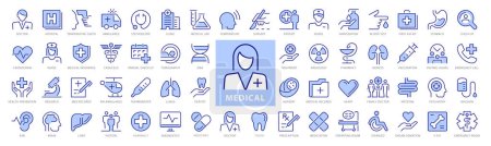 Photo for Medical line Blue icons set. Healthcare elements outline icons collection. Doctors, Hospital, Ambulance, Clinic, Patients, Pharmacy, Prevention, Research, First Aid - stock vector - Royalty Free Image