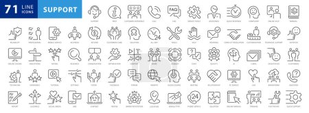 Ilustración de Servicio al cliente y soporte, conjunto de iconos de línea delgada en blanco y negro. Outline Style Icon Set contiene iconos como Satisfacción, Soporte, Helpdesk, Respuesta, Comentarios, Preguntas frecuentes y más. Conjunto completo de iconos vectoriales para web y publicación - Imagen libre de derechos