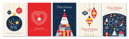 Illustration for Merry Christmas retro folk art Vector card Template Collection - Royalty Free Image