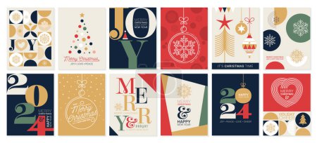 Illustration for Merry Christmas retro folk art Vector card Template Collection - Royalty Free Image