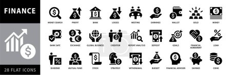 Photo for Business and finance Vector icon set with money, bank, profit, credit, savings, graph, deposit, wallet, losses, coins, budget, currency, business and more isolated Black silhouette symbol - Royalty Free Image