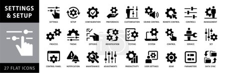 Photo for Setup and Settings, vector icon set. Management, Options, Configuration, Controls, Customisation, Preferences, Setup, Control Panel, Equalizer, Set, Service and Productivity Icons. Black and White Flat Style Icon Collection - Royalty Free Image