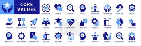 Photo for Core Values icons Set. With concepts like Communication, Generosity, Responsibility, Quality, Reputation, Competence, Curiosity, Teamwork, Honesty. Vector Flat Style Dual color collection of icons - Royalty Free Image
