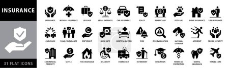 Photo for Set of Flat insurance web icons. Filled icons such as Car, Pet, Home, Travel Insuranca, health insurance, beneficiary, contract and many more - Royalty Free Image