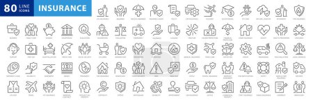 Versicherungselemente - minimale dünne Linie Web-Symbol gesetzt. Umrisse Icons Sammlung. Einfache Vektorillustration