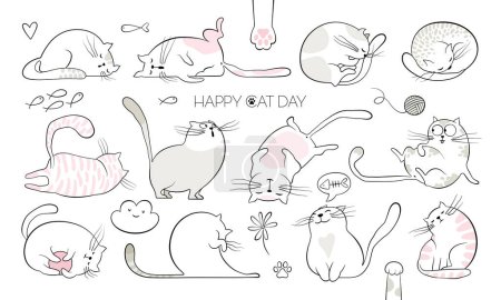 Photo for Cute fat cats and funny kitten doodle vector set. Happy international cat day characters design collection with flat  and outlined pastel color in different poses - Royalty Free Image