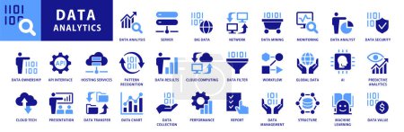 Photo for Data analytics icon set. Data Analysis Technology Symbols Concepts. With Concepts like data security, analytics, Mining, network, server, Monitoring, Icons Collection. Dual Colors Flat Icons Vector Collection - Royalty Free Image