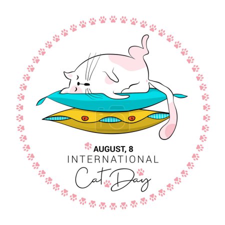 Photo for Round Label for the international cat day on August 8. Funny cartoon cat sleeping on a pile of colored pillow. Happy animals Print to greeting card, poster, flyer - Royalty Free Image