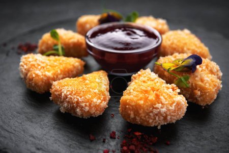 Fried cheese nuggets with berry sauce sauce, on a dark background