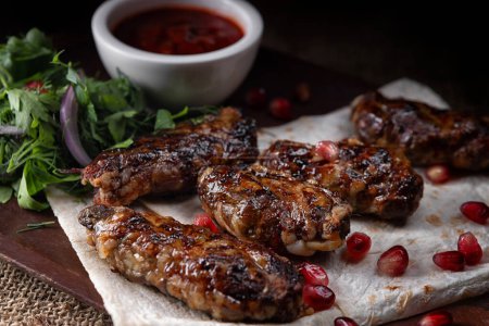 BBQ Pork Ribs Skewers with a Twist, Herbs and Lavash