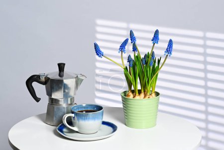 Téléchargez les photos : Tasse de café avec cafetière et fleurs de muscari - en image libre de droit