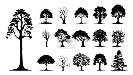 Téléchargez les illustrations : Arbres silhouettes nature ensemble vecteur. collection arbre isolé Symbole silhouette style sur fond blanc. - en licence libre de droit