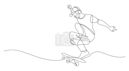 Continuous line drawing of man playing skateboard. Skateboard game player one line drawing. Hand drawn line art vector illustration isolated on white background.
