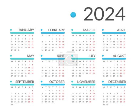 Foto de 2024 Calendario, la semana comienza el lunes, vector eps10 ilustración - Imagen libre de derechos