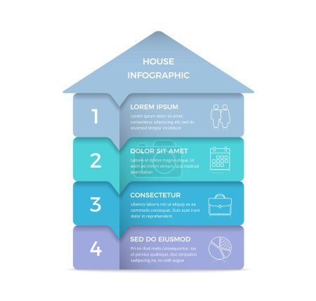 Foto de Plantilla infográfica con casa dividida en cuatro elementos con lugar para texto e iconos, ilustración vectorial eps10 - Imagen libre de derechos