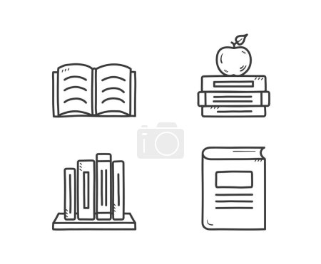 Foto de Iconos de libros, estilo garabato dibujado a mano, libros abiertos y cerrados, ilustración vectorial eps10 - Imagen libre de derechos