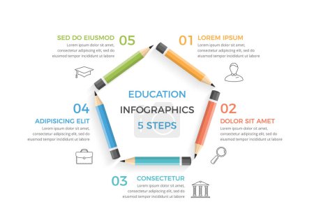 Foto de Educación Infografías con cinco lápices dispuestos en un círculo con texto e iconos, ilustración vectorial eps10 - Imagen libre de derechos