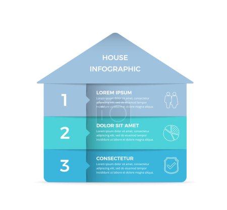 Foto de Plantilla infográfica con casa dividida en tres elementos con lugar para texto e iconos, ilustración vectorial eps10 - Imagen libre de derechos