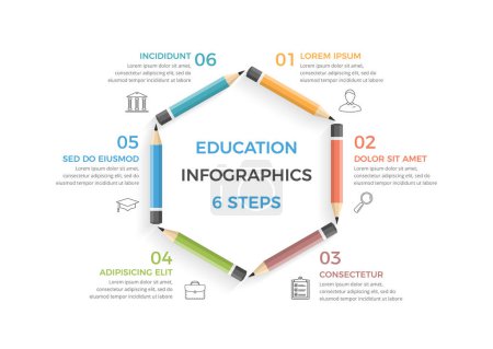 Foto de Educación Infografías con seis lápices dispuestos en un círculo con texto e iconos, vector eps10 ilustración - Imagen libre de derechos