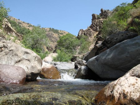                  mountain river between boulders on a sunny summer day              