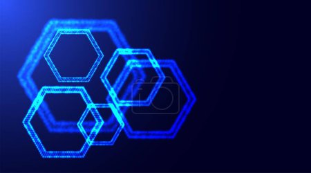 Photo for Hexagonal shapes made of small glowing particles with depth of field. Glowing neon particles honeycomb shapes. Technology abstract background. - Royalty Free Image