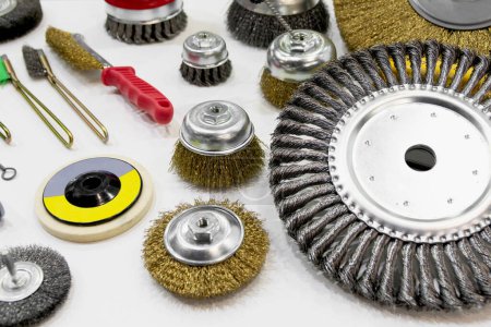Photo for Abrasive tools and round brush set. Abrasive rotary wheels.Metal grinding and polishing. - Royalty Free Image