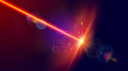 Laser beam with bright shiny sparkles. Red laser strike. Vector image.