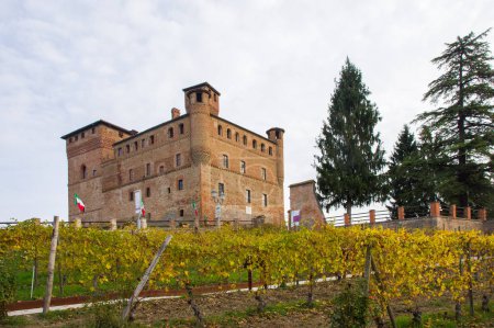 Photo for The Castle of Grinzane Cavour (14th century) surrounded by rows of vines (for Barolo and Nebbiolo wines) in the italian region of Piedmont. It was house of the first italian prime minister Camillo Benso di Cavour - Royalty Free Image