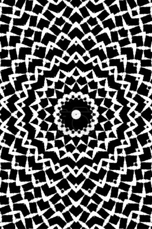 Téléchargez les illustrations : Abstrait fond kaléidoscopique peint en noir et blanc. Futuriste psychédélique hypnotique motif de fond grunge avec texture. Mandala ornemental floral ethnique. - en licence libre de droit