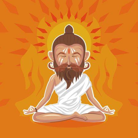 Illustration for Old bearded yogi sitting in lotus pose meditating doing breathing yoga exercise technique. Spiritual balance guru. Relaxation, meditation, zen. - Royalty Free Image