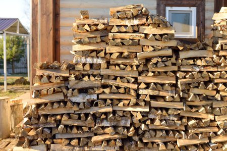 Téléchargez les photos : Un grand tas de bois de chauffage est empilé dans la cour à côté de la maison du village. Un approvisionnement en bois de chauffage pour le poêle ou la cheminée pour l'hiver. - en image libre de droit