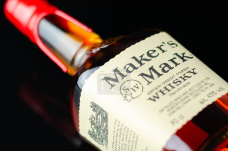 Photo for LONDON, UNITED KINGDOM - JULY 24, 2022 The original Maker's Mark in a characteristic squarish bottle sealed with red wax, famous American whisky - Royalty Free Image
