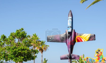Photo for SANTIAGO DE LA RIBERA, SPAIN - JUNE 10, 2022 Statues presenting model airplanes in a small town famous for the General Air Academy school, intended for training future Air Force officers - Royalty Free Image