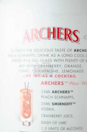 Photo for LONDON, UK - 16 JANUARY 2024 Archers Peach Schnapps Peach Liqueur has enjoyed phenomenal success since its launch in the 1980s, and is a staple in bars around the world, inspiring many imitators - Royalty Free Image