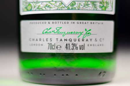 Photo for LONDON, UK - 28 MARCH 2024 Tanqueray London Dry, an iconic bottle shape inspired by the three-piece cocktail shaker that was famous during Prohibition in the Roaring Twenties - Royalty Free Image