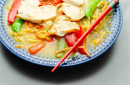 Chicken broth with ginger and black fungus mushrooms, high protein wheat noodles, sliced steamed chicken breast, julienne carrot