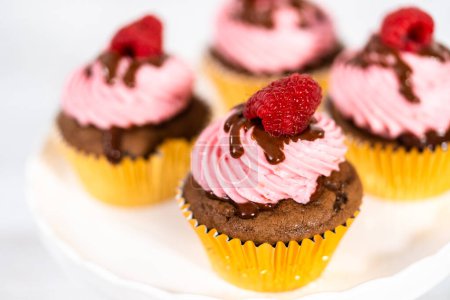 Foto de Cupcakes de frambuesa de chocolate gourmet rociado con ganache de chocolate y cubierto con una frambuesa fresca. - Imagen libre de derechos