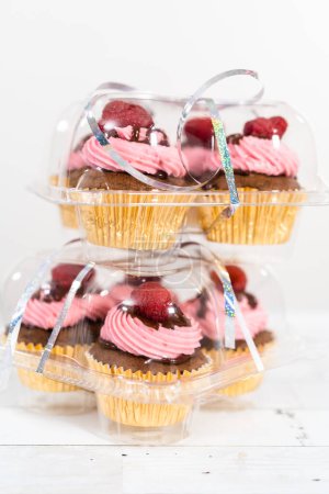 Foto de Embalaje gourmet cupcakes de frambuesa de chocolate en cajas de plástico transparente. - Imagen libre de derechos