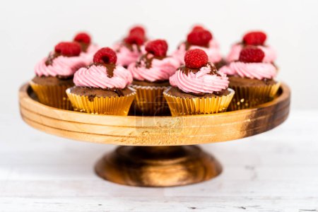 Foto de Cupcakes de frambuesa de chocolate gourmet rociado con ganache de chocolate y cubierto con una frambuesa fresca. - Imagen libre de derechos