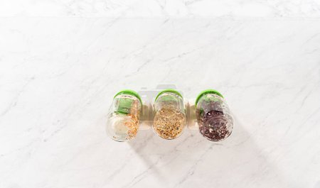 Photo for Day 4. Flat lay. Growing organic sprouts in a mason jar with sprouting lid on the kitchen counter. - Royalty Free Image