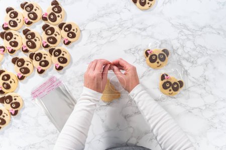 Téléchargez les photos : Pose plate. Emballage de biscuits sablés en forme de panda avec glaçage au chocolat dans des sacs transparents individuels. - en image libre de droit