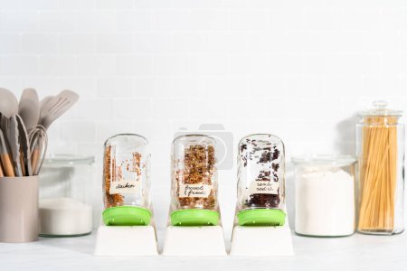 Téléchargez les photos : Jour 2. Culture de germes biologiques dans un bocal en maçon avec couvercle sur le comptoir de la cuisine. - en image libre de droit