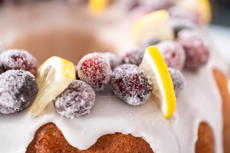Téléchargez les photos : Gâteau bundt aux canneberges au citron décoré de canneberges à sucre et de quartiers de citron sur un stand de gâteau. - en image libre de droit