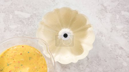 Photo for Flat lay. Step by step. Greasing bundt cake pan with vegetable shortening and flour to bake funfettti bundt cake. - Royalty Free Image