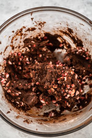 Photo for Folding in peppermint chocolate chips into a chocolate cookie dough to bake chocolate cookies with peppermint chips. - Royalty Free Image