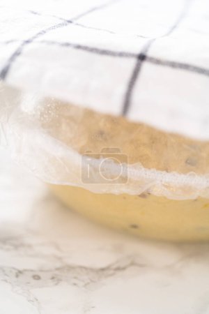 Photo for Rising dough in a glass mixing bowl to bake mini Easter bread kulich. - Royalty Free Image