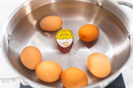 Foto de Huevos orgánicos marrones hirviendo en una olla para preparar huevos duros. - Imagen libre de derechos